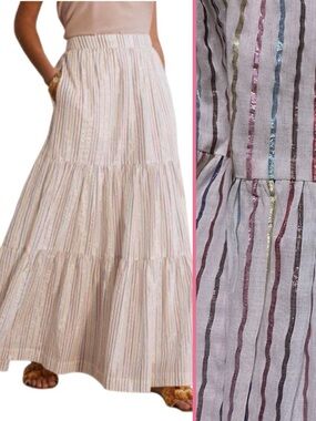 Boden Lorna White Tiered Maxi Skirt with Multicolor Metallic Stripes
